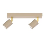 Beżowa lampa sufitowa typu spot Mati z dwoma reflektorami GU10, umieszczona na prostokątnej podstawie. Reflektory mają matową fakturę oraz złote mocowania, co podkreśla ich nowoczesny design. Ujęcie frontalne, produkt zamontowany na ścianie.