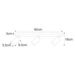 Beżowa lampa sufitowa Mati z trzema reflektorami GU10, o długości 60 cm, wysokości 18 cm i szerokości 3 cm. Reflektory mają średnicę 9,5 cm i wysokość 5,5 cm, montowane na prostokątnej podstawie.