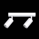 Lampa sufitowa Kayla w kolorze białym, z dwoma regulowanymi spotami na żarówki GU10. W prostokątnej podstawie zamontowane są cylindryczne klosze, skierowane w różne strony. Produkt zawieszony na ciemnym tle.