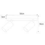 Lampa sufitowa Kayla, biała, z dwoma reflektorami GU10. Wymiary: długość 30 cm, wysokość 18 cm, szerokość 3 cm. Reflektory umieszczone na prostokątnej podstawie, skierowane pod kątem. Idealna do oświetlenia wnętrz.