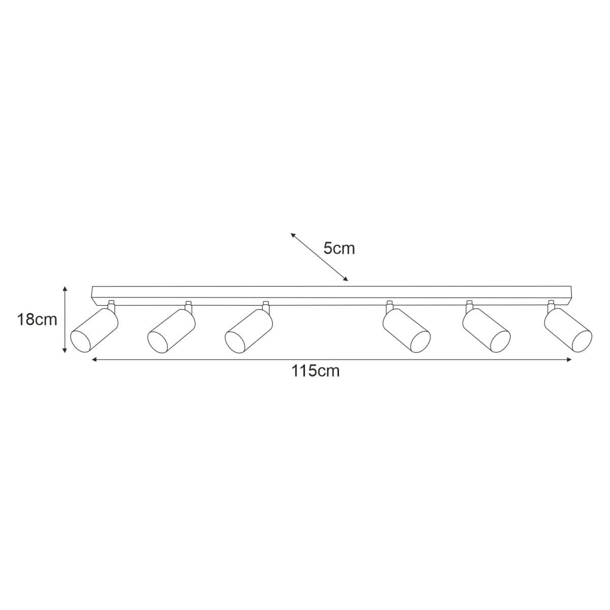Biała lampa sufitowa Kayla z sześcioma punktami świetlnymi GU10. Ułożona w prostokąt o wymiarach 115 cm długości, 5 cm szerokości i 18 cm wysokości. Osprzęt montażowy widoczny z przodu.