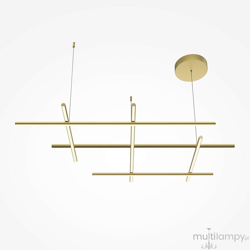 Lampa wisząca LED Radiance o mocy 80W, z temperaturą barwową 3000K, w złotym kolorze. Składa się z poziomych i pionowych prostokątnych elementów, zawieszona na cienkich linkach, z okrągłym mocowaniem sufitowym. Tło białe.