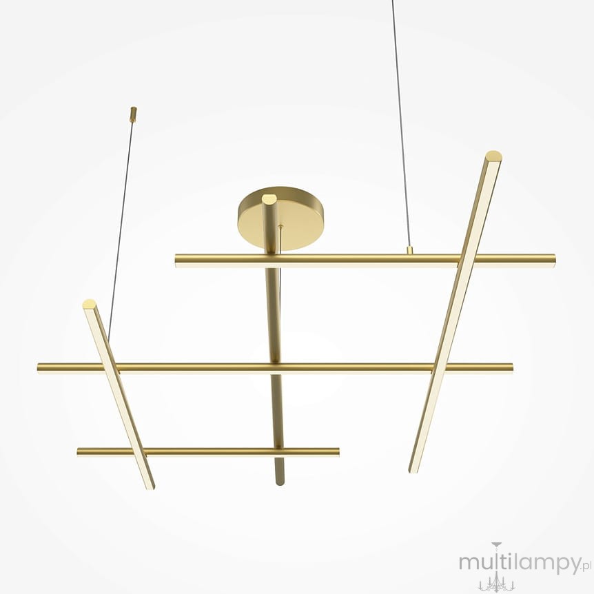 Lampa wisząca LED Radiance w kolorze złotym, o mocy 80W i temperaturze barwowej 3000K. Posiada nowoczesny, geometryczny kształt z poziomymi i pionowymi elementami. Zawieszona na cienkich linkach, mocowana do sufitu.