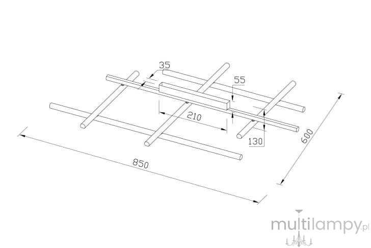 Lampa wisząca LED Radiance, złota, o wymiarach 850 mm długości i 600 mm szerokości. Konstrukcja składająca się z prostokątnych elementów w poziomie i pionie, z centralnym panelem. Wymiary poszczególnych elementów zaznaczone na rysunku.