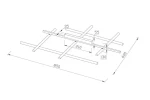 Lampa wisząca LED Radiance, złota, o wymiarach 850 mm długości i 600 mm szerokości. Konstrukcja składająca się z prostokątnych elementów w poziomie i pionie, z centralnym panelem. Wymiary poszczególnych elementów zaznaczone na rysunku.