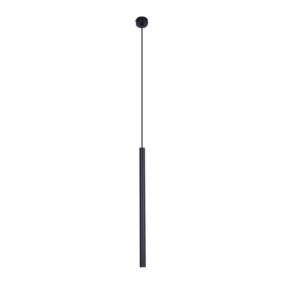 Lampa wisząca Gelato 1xG9 w kolorze czarnym, o cylindrycznym kształcie. Zawieszona na cienkim kablu, z prostym, minimalistycznym designem. Widoczny uchwyt montażowy przy suficie. Tło jasne, jednolite.