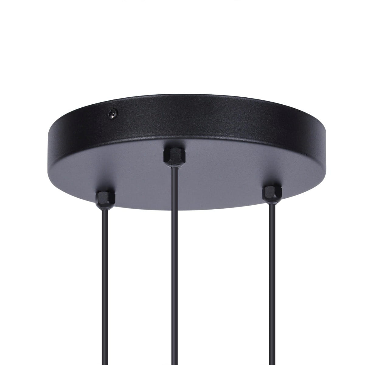 Czarna lampa wisząca Gelato K-4862 z trzema mocowaniami G9. Widok z dołu na okrągłą podstawę z metalicznym wykończeniem i trzema przewodami. Prosta, nowoczesna forma, idealna do wnętrz.