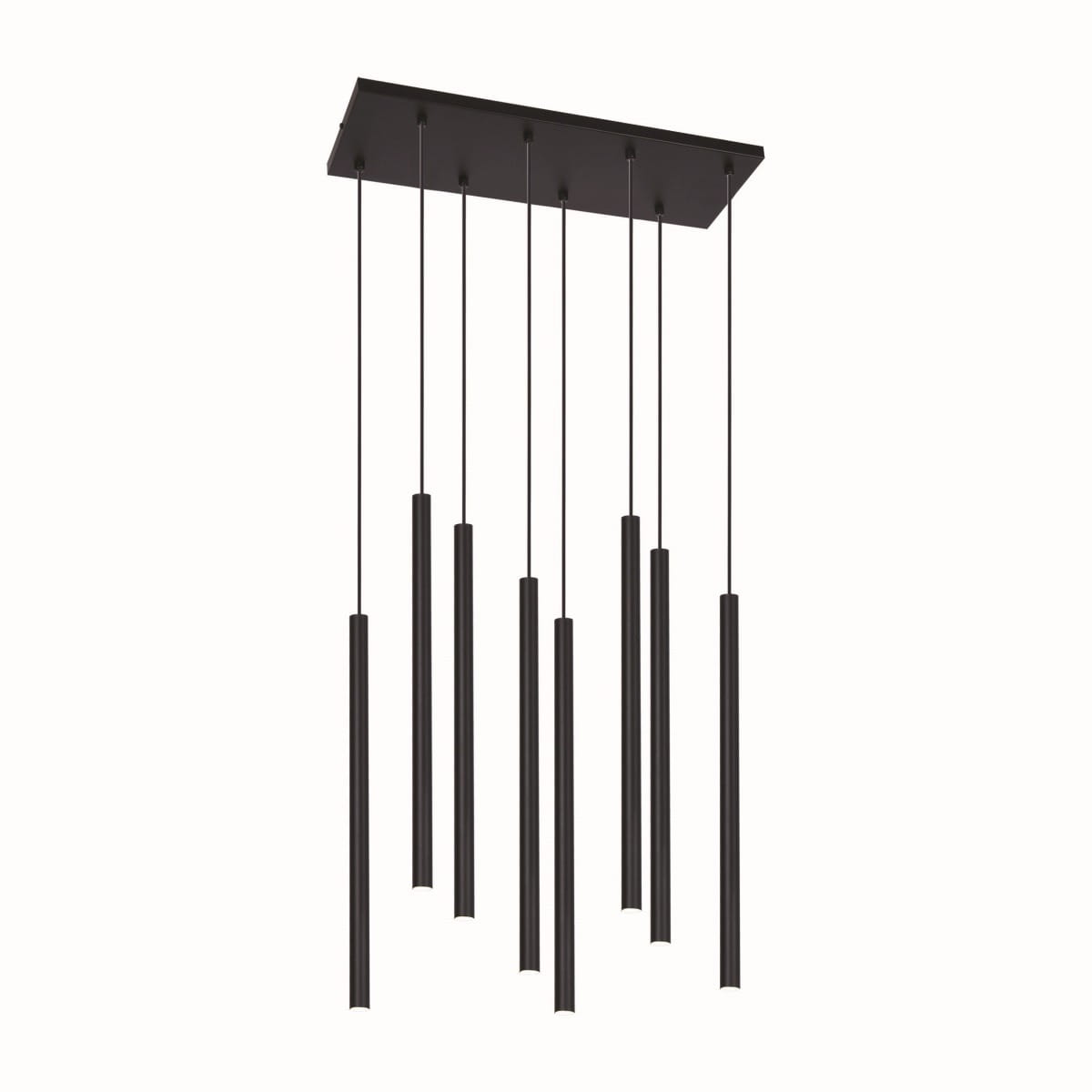 Lampa wisząca Gelato z 8 punktami świetlnymi G9, w kolorze czarnym. Składa się z prostych, cylindrycznych kloszy zawieszonych na cienkich linkach. Montaż sufitowy, minimalistyczny design.