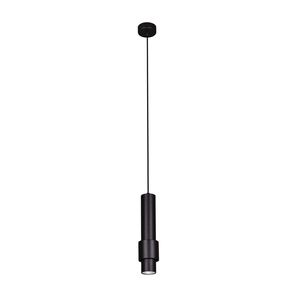 Czarna lampa wisząca Roto z oprawą na jedną żarówkę GU10. Cylindryczny kształt, zawieszona na cienkim przewodzie. Prosta, minimalistyczna konstrukcja, idealna do nowoczesnych wnętrz. Tło białe, co podkreśla elegancję lampy.