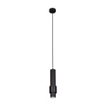 Czarna lampa wisząca Roto z oprawą na jedną żarówkę GU10. Cylindryczny kształt, zawieszona na cienkim przewodzie. Prosta, minimalistyczna konstrukcja, idealna do nowoczesnych wnętrz. Tło białe, co podkreśla elegancję lampy.