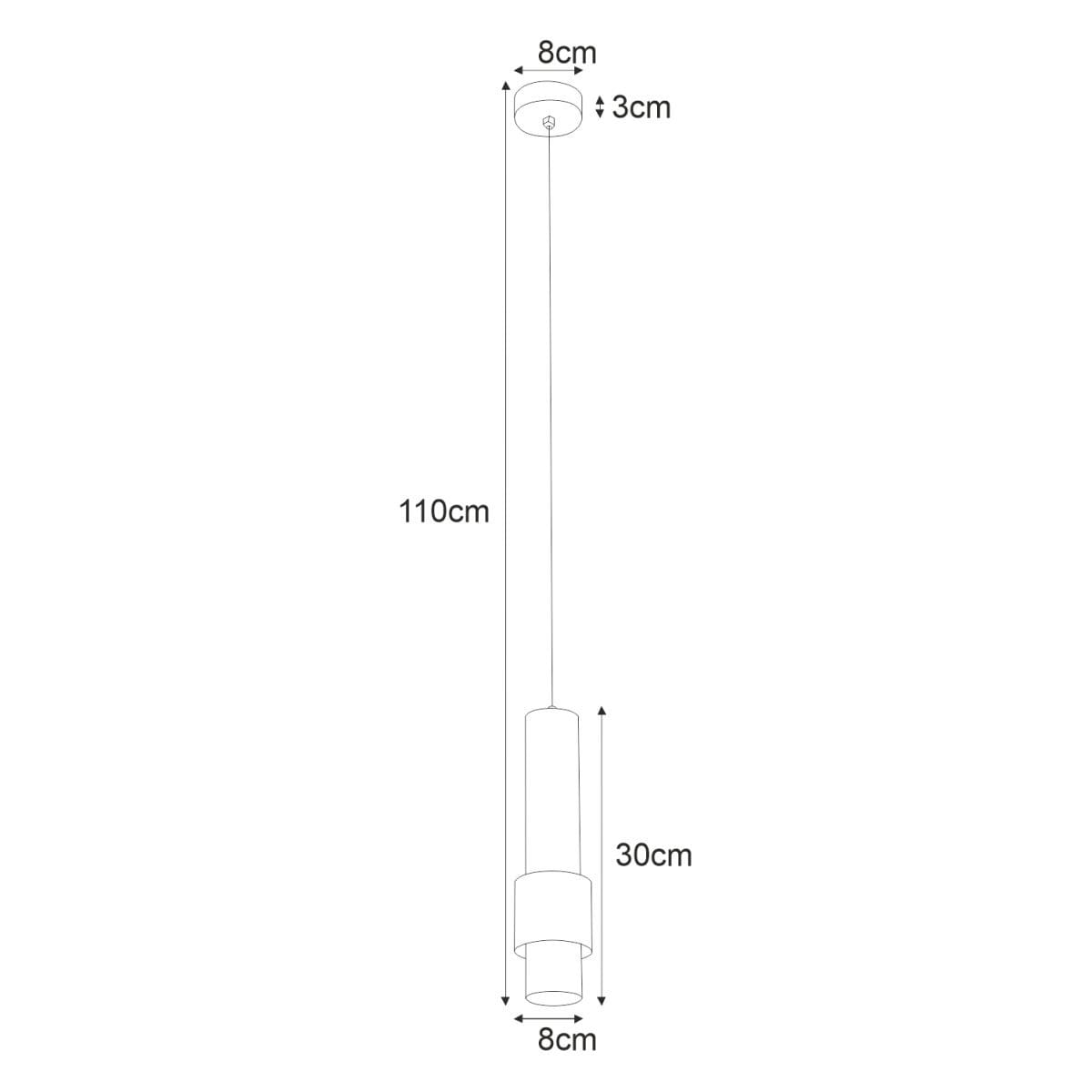 Czarna lampa wisząca Nikos z oprawą na 1 żarówkę GU10, o wysokości 110 cm i średnicy 8 cm. Prosta, cylindryczna konstrukcja z podwieszeniem, idealna do nowoczesnych wnętrz. Wysokość klosza wynosi 30 cm.