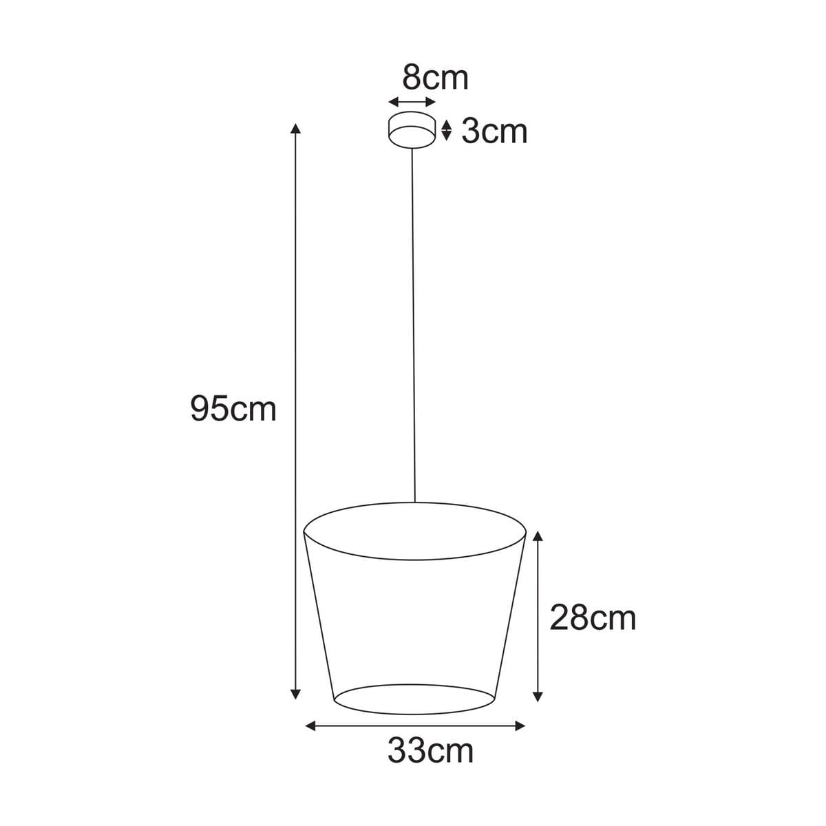 Beżowa lampa wisząca Livia z pojedynczym gniazdem E27, w kształcie stożkowym. Wymiary: wysokość 95 cm, średnica 33 cm, wysokość klosza 28 cm. Zawieszona na cienkim przewodzie, z okrągłym mocowaniem o średnicy 8 cm.