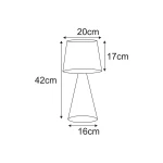 Beżowa lampa stołowa Livia K-5816, z kloszem o średnicy 20 cm i wysokości 17 cm, na smukłej podstawie w kształcie stożka. Wysokość całkowita to 42 cm, szerokość podstawy 16 cm. Idealna do nowoczesnych wnętrz.