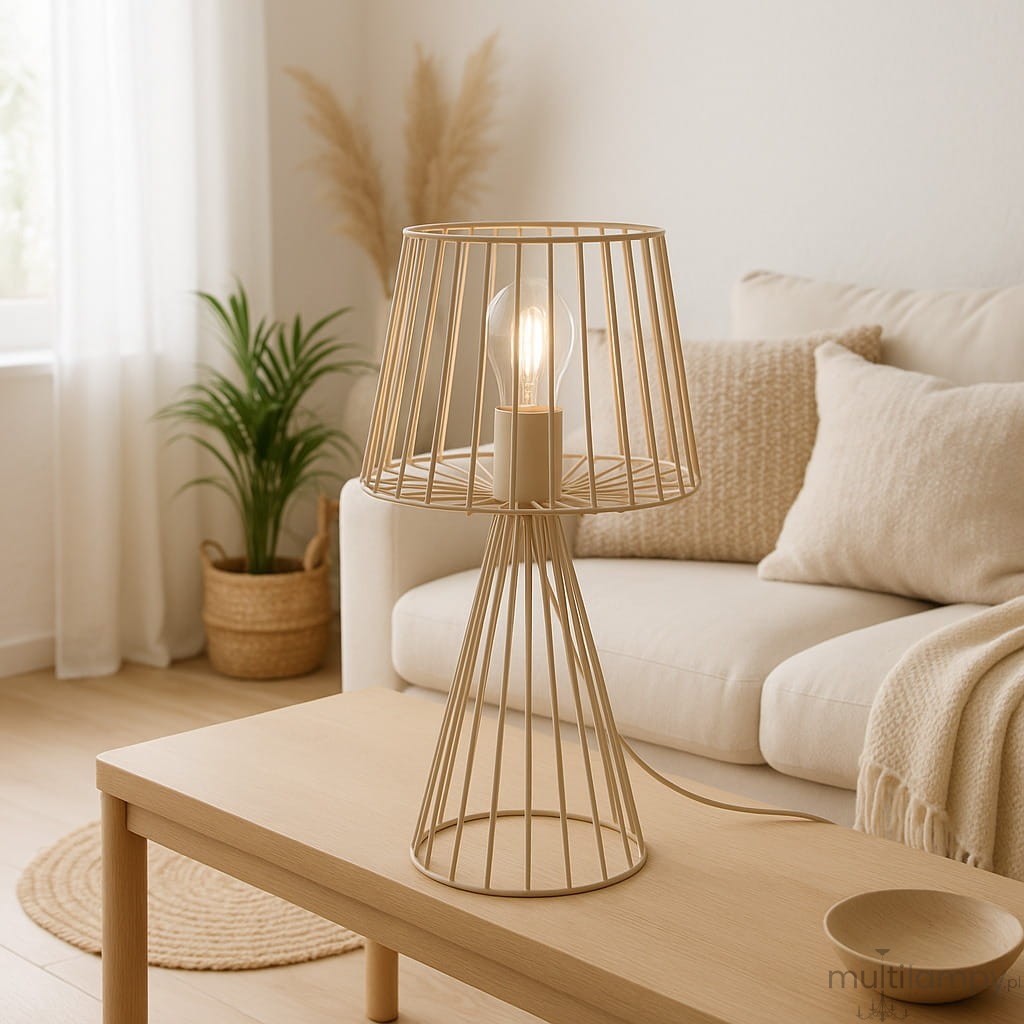 Beżowa lampa stołowa Livia z metalowym kloszem w formie siatki, z żarówką E27 w środku. Ustawiona na drewnianym stole, w tle widoczna kanapa z poduszkami i rośliny dekoracyjne.