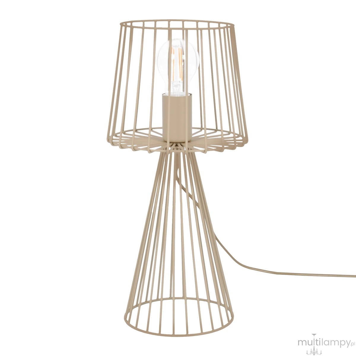 Beżowa lampa stołowa Livia z metalową konstrukcją, o cylindrycznym kloszu z cienkich prętów. Posiada gniazdo na żarówkę E27, stojąca na stożkowej podstawie. Widoczny kabel zasilający.