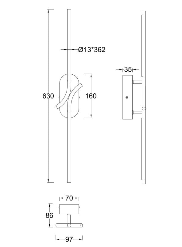 Kinkiet LED Renaissance o mocy 6W i temperaturze barwowej 3000K. Czarna obudowa z eleganckim wzorem, wymiary: 630 mm wysokości, 160 mm szerokości, 35 mm głębokości. Montaż na ścianie, minimalistyczny design.