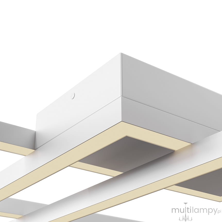 Lampa sufitowa LED Rida o mocy 78W w białej obudowie, z prostokątnym, minimalistycznym designem. Widoczny element montażowy oraz ciepłe, neutralne światło emitowane przez wbudowane diody LED. Ujęcie z góry, ukazujące szczegóły konstrukcji.