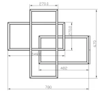 Lampa sufitowa LED Rida, biała, o wymiarach 780 mm x 670 mm, z unikalnym, geometrycznym kształtem. Widoczny rysunek techniczny z wymiarami, ukazujący trzy prostokątne ramy w różnych konfiguracjach.