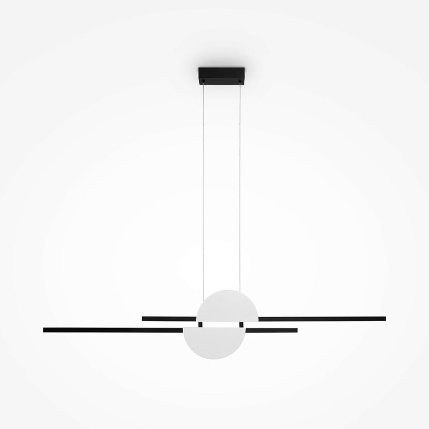 Lampa wisząca LED Skyline o mocy 26W i temperaturze barwowej 4000K, w kolorze czarnym i białym. Posiada okrągły element centralny oraz dwa poziome, czarne pręty. Zawieszona na cienkich linkach, montowana do sufitu na prostokątnej podstawie.