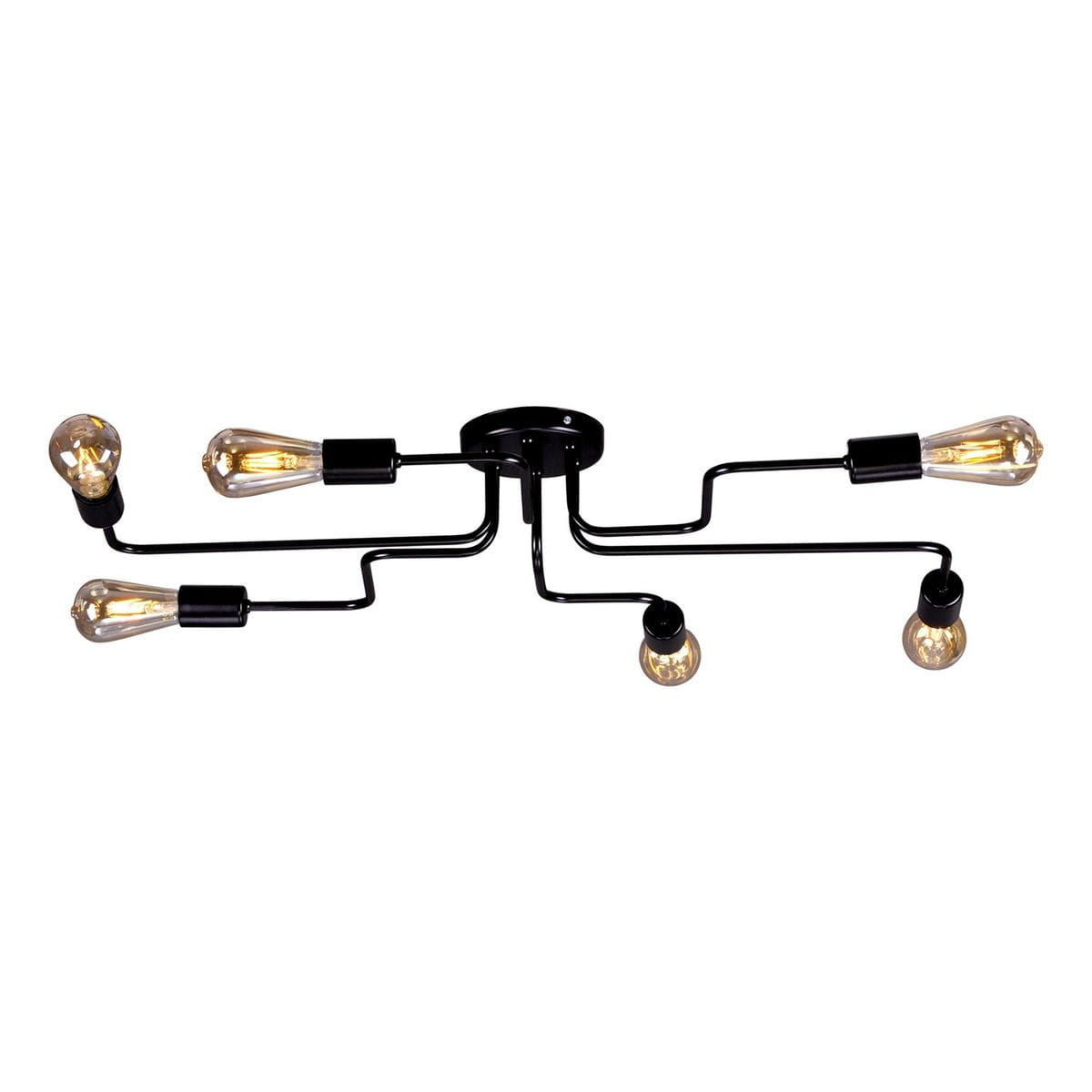 Lampa sufitowa Skadi w kolorze czarnym z sześcioma oprawkami E27, z metalowymi, giętymi ramionami, montowana na suficie. Widoczne żarówki w stylu retro, umieszczone na różnych wysokościach dla efektu trójwymiarowości.