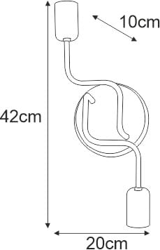 Kinkiet Skadi w kolorze czarnym, z dwoma gniazdami E27. Wymiary: wysokość 42 cm, szerokość 20 cm, głębokość 10 cm. Ułożenie w formie spirali, z widocznymi oprawkami na żarówki.