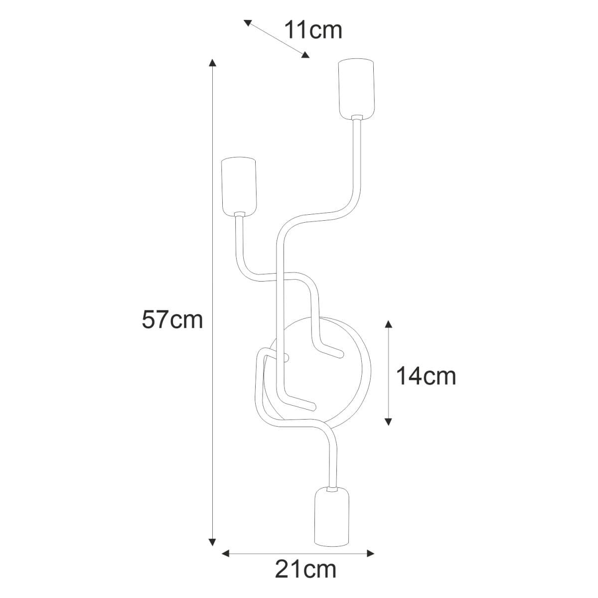 Kinkiet Skadi 3xE27 w kolorze czarnym, o wymiarach 57 cm wysokości, 21 cm szerokości i 11 cm głębokości. Posiada trzy oprawy na żarówki, z unikalnym, falistym kształtem ramienia oraz okrągłą podstawą.