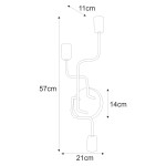 Kinkiet Skadi 3xE27 w kolorze czarnym, o wymiarach 57 cm wysokości, 21 cm szerokości i 11 cm głębokości. Posiada trzy oprawy na żarówki, z unikalnym, falistym kształtem ramienia oraz okrągłą podstawą.