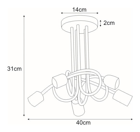 Lampa sufitowa 5xE27 w kolorze białym, o średnicy 40 cm i wysokości 31 cm. Posiada pięć opraw na żarówki, które są umieszczone na elastycznych ramionach. Podstawa okrągła, o średnicy 14 cm i wysokości 2 cm.