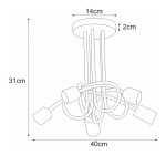 Lampa sufitowa 5xE27 w kolorze białym, o średnicy 40 cm i wysokości 31 cm. Posiada pięć opraw na żarówki, które są umieszczone na elastycznych ramionach. Podstawa okrągła, o średnicy 14 cm i wysokości 2 cm.