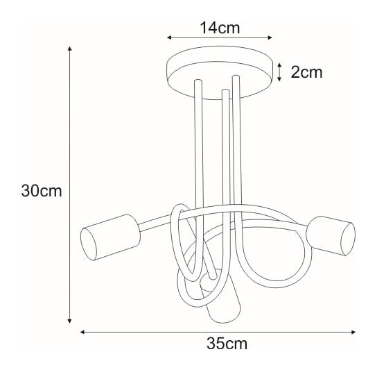 Czarna lampa sufitowa 3xE27 o wymiarach 35cm średnicy i 30cm wysokości. Posiada okrągłą podstawę o średnicy 14cm i grubości 2cm, z trzema stylowymi ramionami w formie pętli, przeznaczona do nowoczesnych wnętrz.