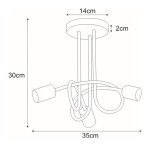Czarna lampa sufitowa 3xE27 o wymiarach 35cm średnicy i 30cm wysokości. Posiada okrągłą podstawę o średnicy 14cm i grubości 2cm, z trzema stylowymi ramionami w formie pętli, przeznaczona do nowoczesnych wnętrz.