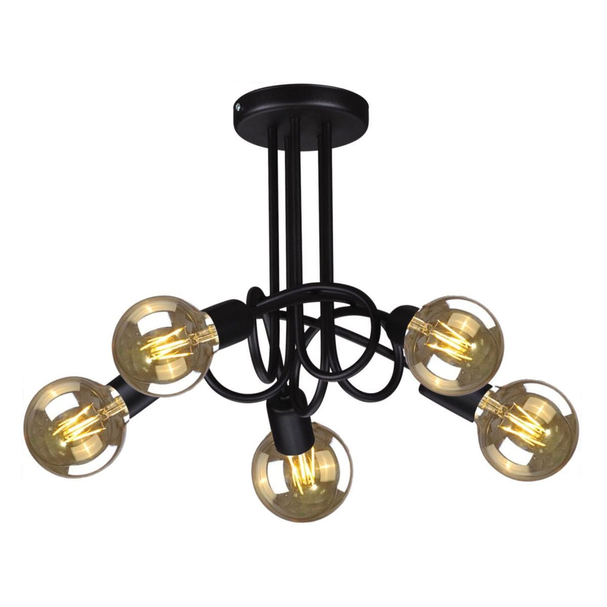 Czarna lampa sufitowa z pięcioma oprawami E27, z okrągłym stelażem i dekoracyjnymi, przezroczystymi kloszami. Ujęcie z dołu, ukazujące elegancki design oraz skręcone ramiona, które łączą klosze z podstawą.