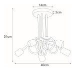 Lampa sufitowa z pięcioma oprawami E27 w kolorze czarnym. Okrągła podsufitka o średnicy 14 cm, długość całkowita 31 cm, szerokość 40 cm. Elementy w kształcie pętli, minimalistyczny design.
