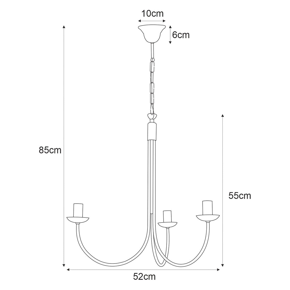Czarny żyrandol świecznikowy Haris z trzema miejscami na żarówki E14, o wysokości 85 cm i szerokości 52 cm. Posiada eleganckie ramiona oraz górną osłonę, zawieszony na łańcuchu. Idealny do klasycznych i nowoczesnych wnętrz.