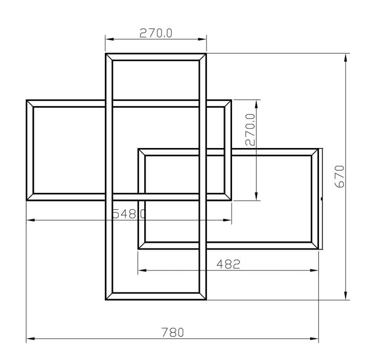 Czarna lampa sufitowa LED o mocy 78W, z regulacją temperatury barwowej. Geometryczny kształt z prostokątnymi ramkami, wymiary 780 mm x 670 mm. Wymiary szczegółowe: 270 mm x 270 mm oraz 482 mm x 548 mm. Idealna do nowoczesnych wnętrz.