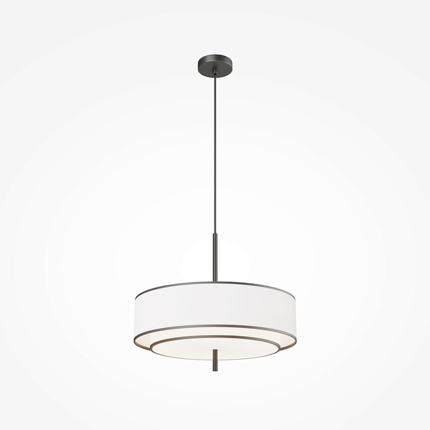 Lampa wisząca Bergamo 5xE27 w kolorze białym i czarnym, okrągła, z dwoma warstwami klosza. Zawieszona na cienkim, czarnym przewodzie. Prosty design, idealna do nowoczesnych wnętrz. Tło białe, podkreślające elegancję lampy.