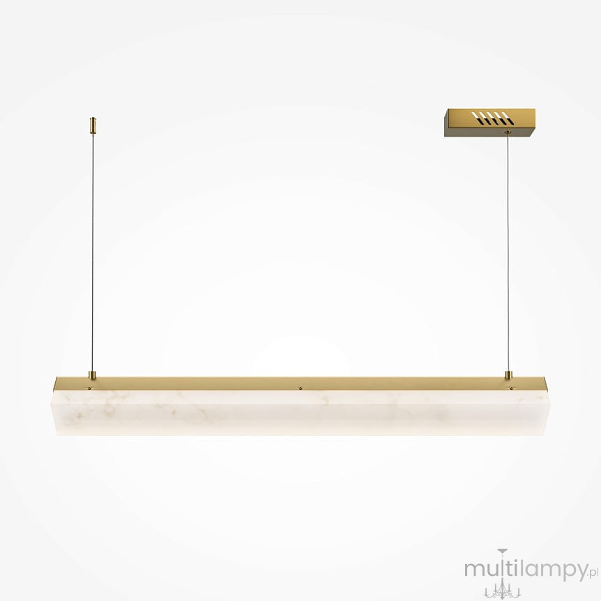 Lampa wisząca LED Petra o mocy 35W, kolorze mosiądzu, z prostokątnym, mlecznym kloszem. Zawieszona na dwóch cienkich przewodach, z prostokątną podstawą montażową. Temperatura barwowa 3000K.