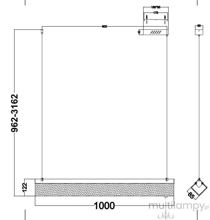 Lampa wisząca LED Petra o mocy 35W i temperaturze barwowej 3000K w kolorze mosiądzu. Produkt w formie prostokątnej, z zawieszeniem, długość 1000 mm. Widoczny detal konstrukcji montażowej oraz wymiary na rysunku technicznym.