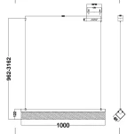 Lampa wisząca LED Petra o mocy 35W i temperaturze barwowej 3000K w kolorze mosiądzu. Produkt w formie prostokątnej, z zawieszeniem, długość 1000 mm. Widoczny detal konstrukcji montażowej oraz wymiary na rysunku technicznym.