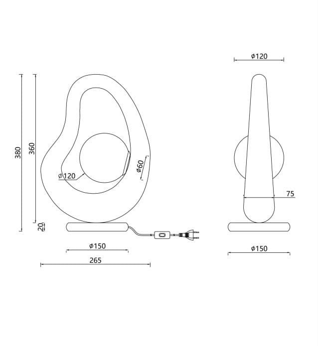 Szara lampa stołowa Opus z jedną oprawą G9, o nowoczesnym, organicznym kształcie. Wymiary: wysokość 380 mm, szerokość 150 mm, głębokość 120 mm. Zasilanie przez kabel z wtyczką, z podstawą prostokątną. Idealna do nowoczesnych wnętrz.