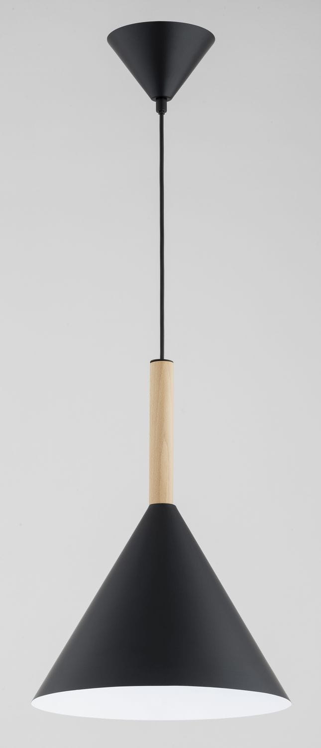 Lampa wisząca Fuks 1xE27 w kolorze czarnym z drewnianym uchwytem. Kształt stożka, zamontowana na cienkim przewodzie. Biała część wewnętrzna klosza zapewnia dobre oświetlenie. Prosty design, idealna do nowoczesnych wnętrz.