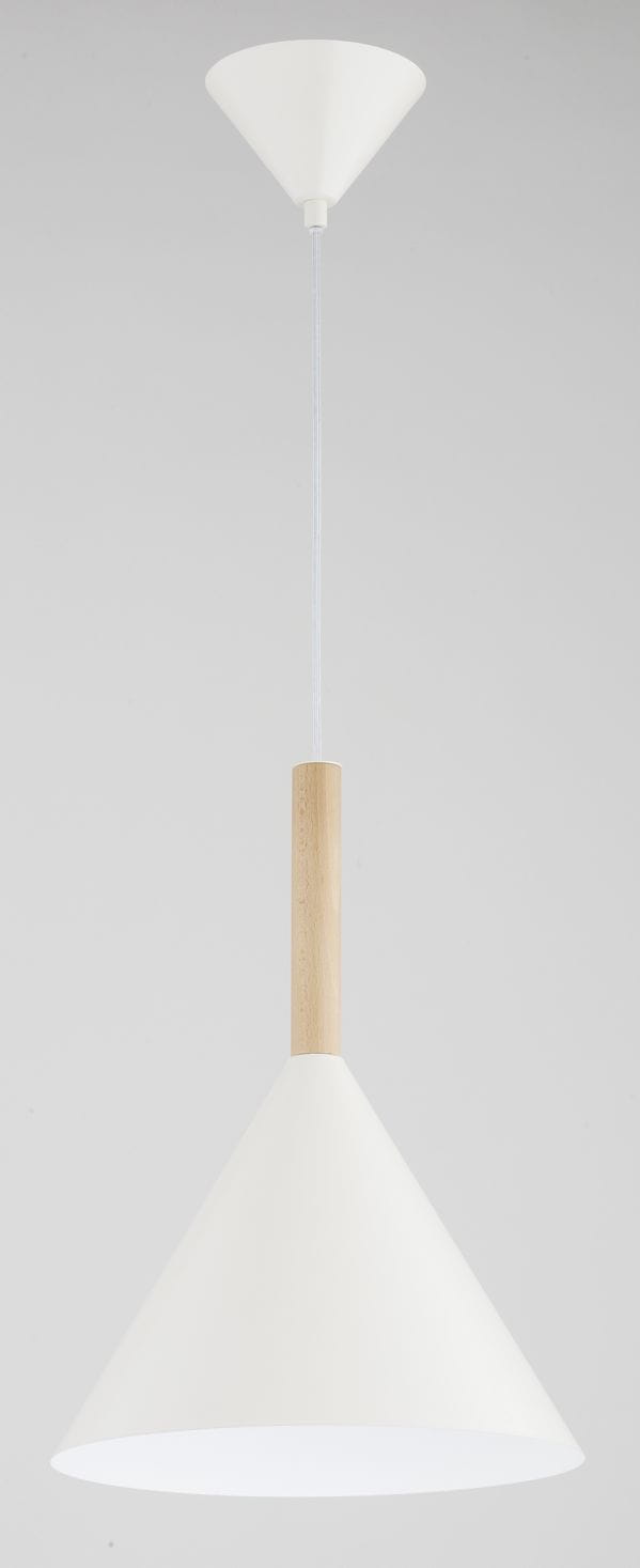 Lampa wisząca Fuks w kolorze kremowym z drewnianym uchwytem, o kształcie stożkowym. Zawieszona na cienkim przewodzie, z osłoną sufitową w kolorze białym. Idealna do nowoczesnych wnętrz.