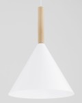 Lampa wisząca Fuks z białym abażurem w kształcie stożka oraz drewnianym uchwytem. Produkt zawieszony na przezroczystym kablu, z widocznym górnym mocowaniem. Idealna do nowoczesnych wnętrz.