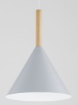 Lampa wisząca Fuks 1xE27 w kształcie stożka, wykonana z szarego metalu z drewnianym uchwytem. Powieszona na białym kablu, idealna do nowoczesnych wnętrz.