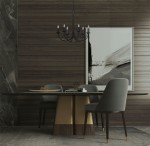 Perseo żyrandol świecznikowy 6xE14 w kolorze czarnym, zawieszony nad okrągłym stołem w nowoczesnej aranżacji. Eleganckie ramiona w kształcie świeczników z białymi kloszami, otoczone drewnianą ścianą i minimalistycznym obrazem.