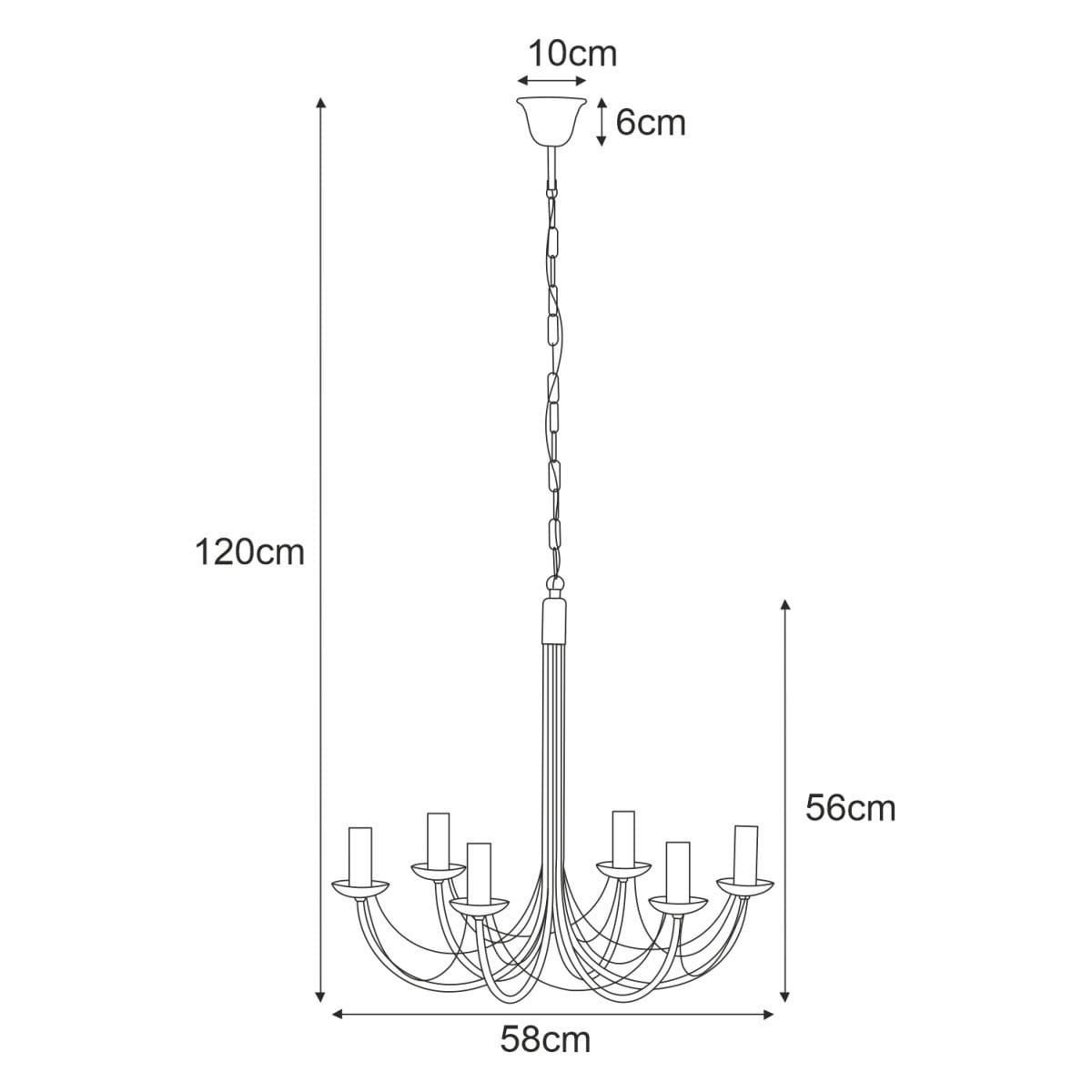 Żyrandol świecznikowy Perseo, czarny, z sześcioma miejscami na żarówki E14. Wymiary: wysokość 120 cm, szerokość 58 cm, długość 56 cm. Ułożony w formie wiszącej, z dekoracyjnymi ramionami i podstawą.