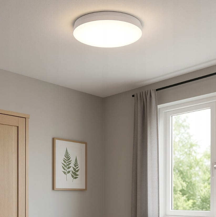 Plafon LED Luvo o średnicy 27,5 cm, mocy 18W, barwie światła 4000K, w kolorze białym, zamontowany na suficie. Okrągła obudowa, emitująca jasne, neutralne światło, w otoczeniu jasnych ścian i okna z widokiem na zewnątrz.