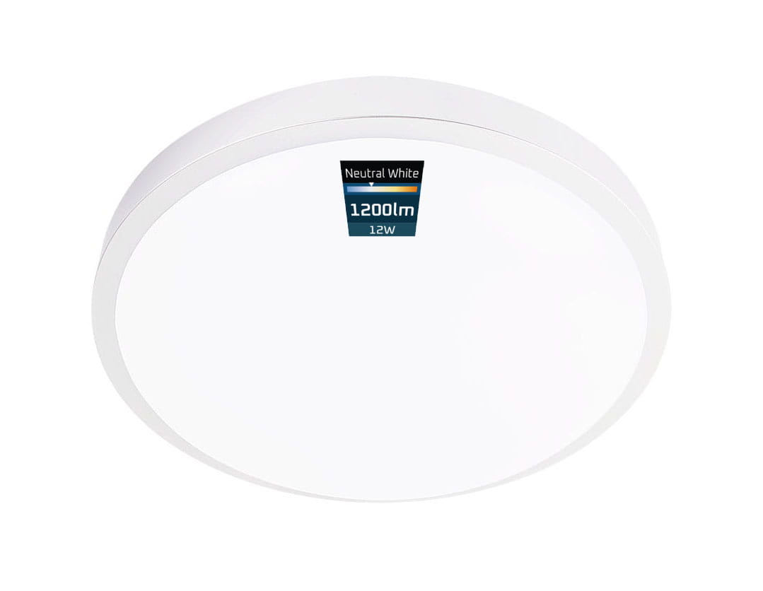 Luvo plafon LED D25,5 cm, 12W, 4000K, IP44 w kolorze białym, okrągły, z widoczną etykietą informującą o mocy 1200 lm. Produkt zamontowany na suficie, z gładką, matową powierzchnią.