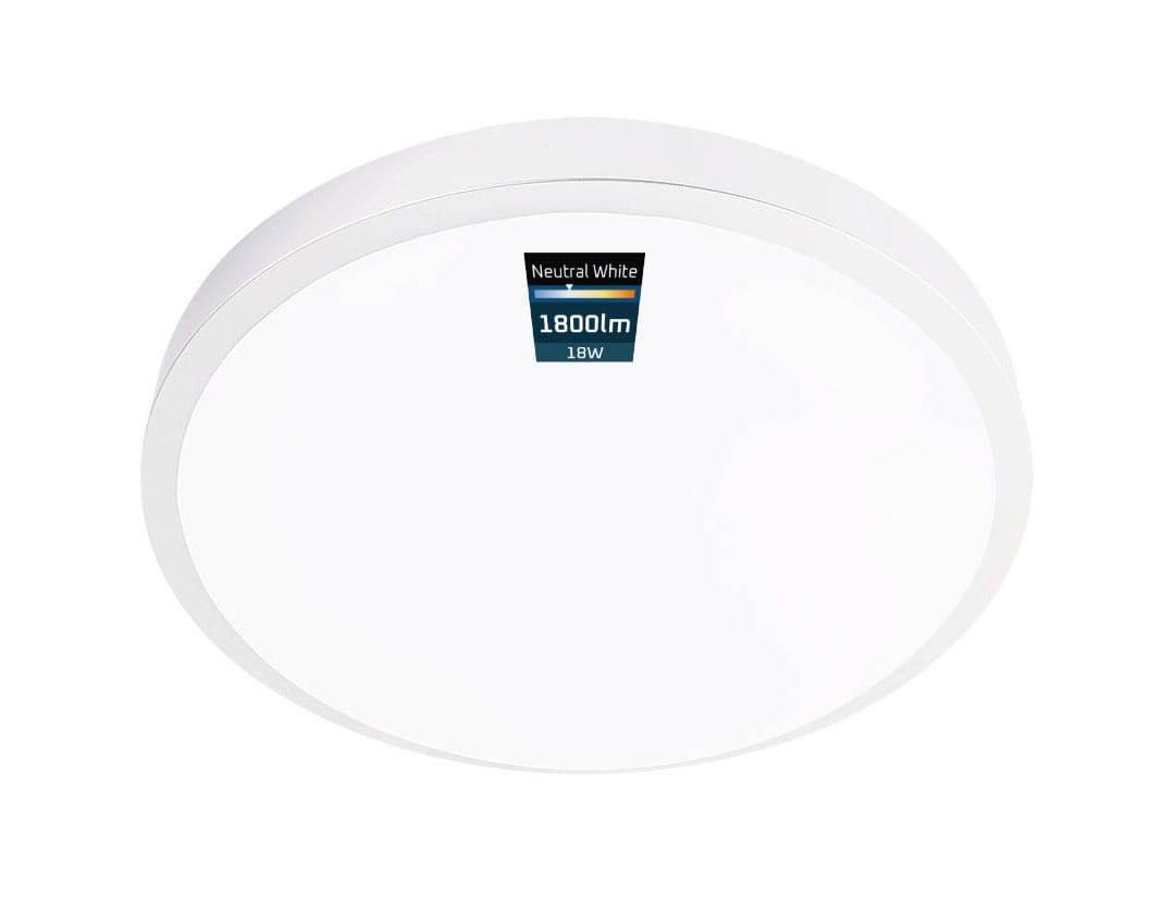 Luvo plafon LED o średnicy 27,5 cm, mocy 18W, emitujący neutralne białe światło 4000K. Okrągły kształt, biały kolor, montowany na suficie, z widoczną informacją o jasności 1800 lumenów. Stopień ochrony IP44.