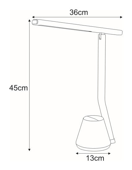 Lampka biurkowa Kiki w kolorze czarnym, z LED o mocy 8W, z regulowanym ramieniem. Wymiary: wysokość 45 cm, szerokość 36 cm, średnica podstawy 13 cm. Nowoczesny design z minimalistyczną formą.
